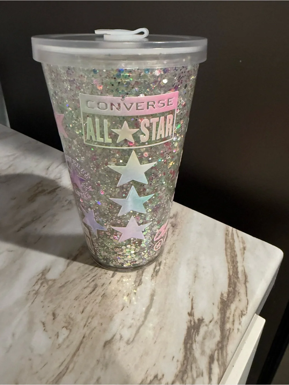 Converse Pink Star Glitter Travel Tumbler with Holographic Glitter